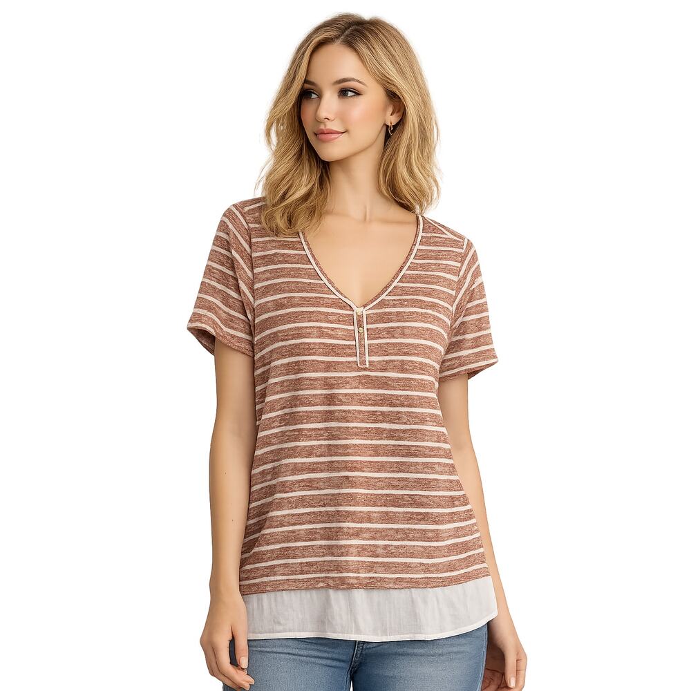 LR1902 Studio B by Bobeau Striped Layered Hem Top Women’s 1X Rust Boho